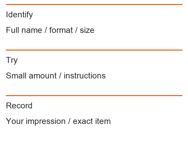 Identify: Full name / format / size; Try: Small amount / instructions; Record: Your impression / exact item